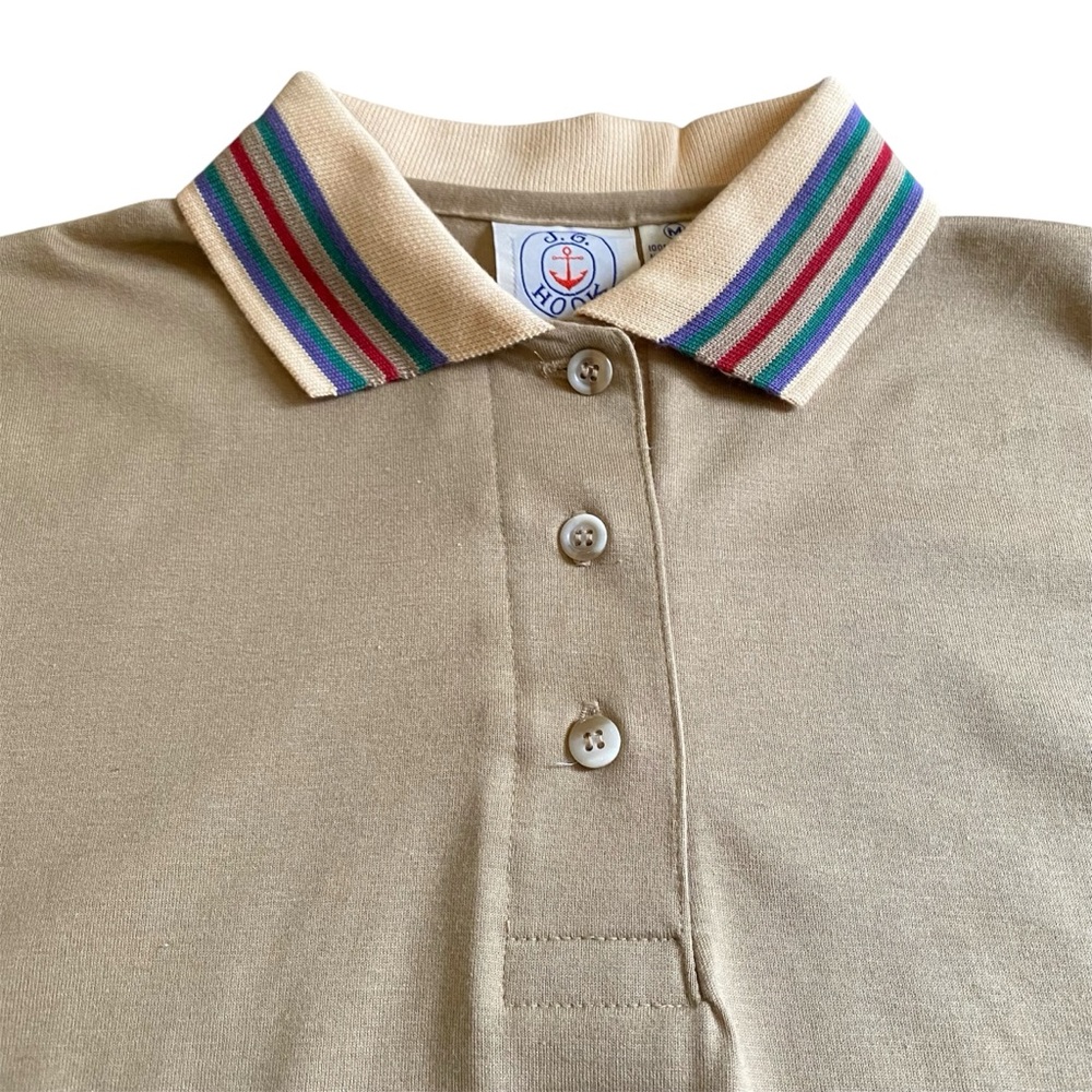 Vintage 1980s J.G. Hook Tan Polo w/ Colorful Rainbow Striped Collar Mens M